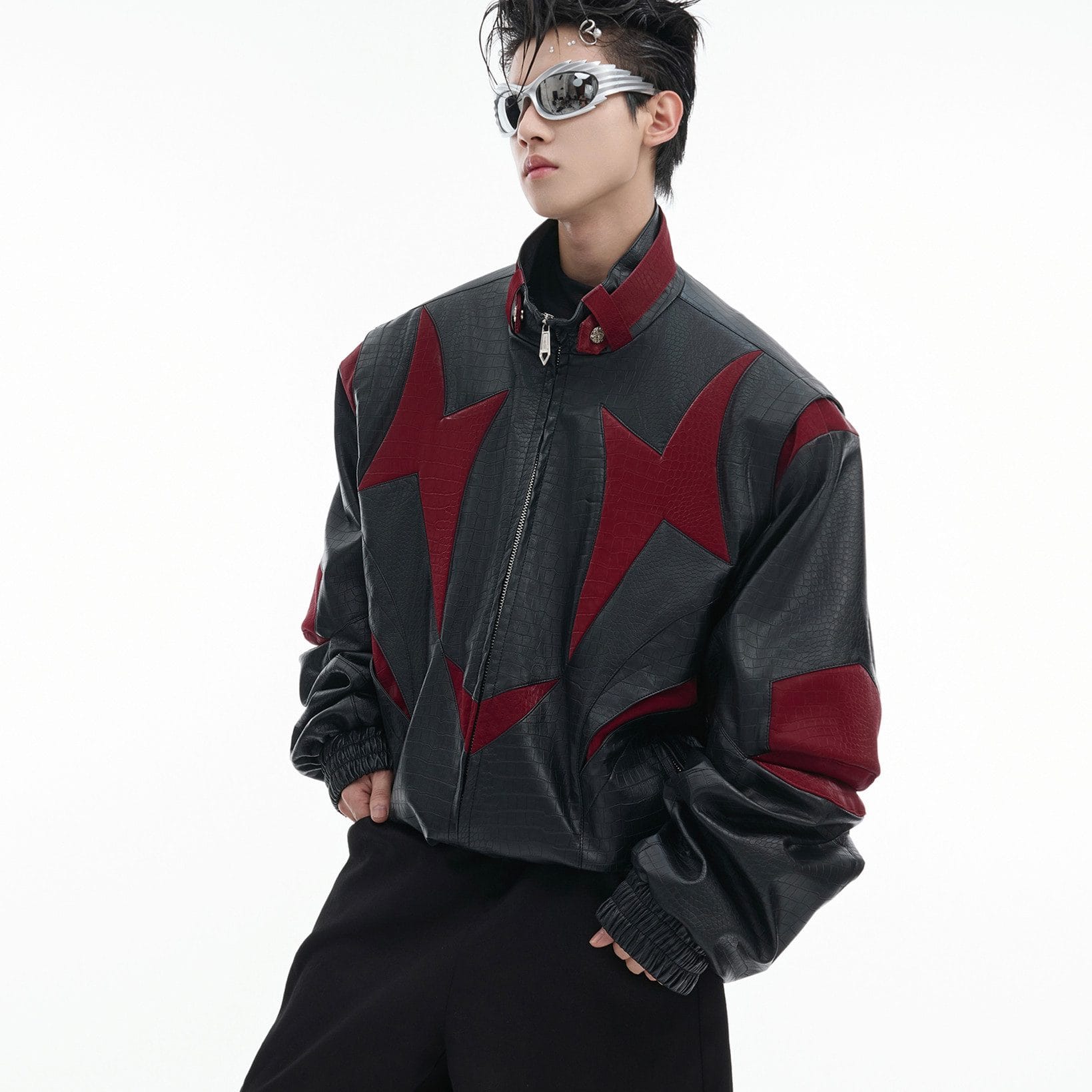 Contrast Color Leather Jacket - Image 5