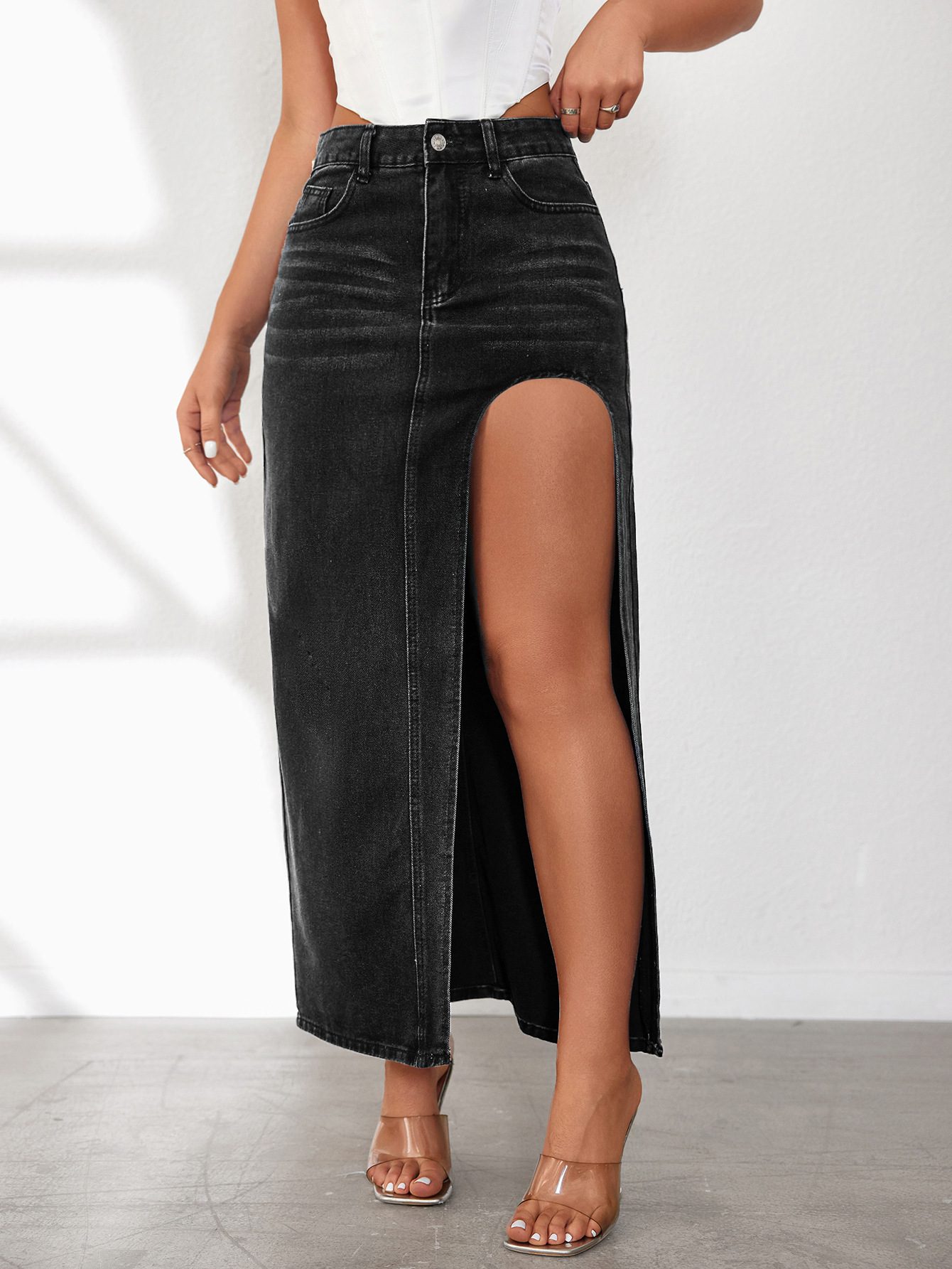 High Slit Denim Skirt - Image 9